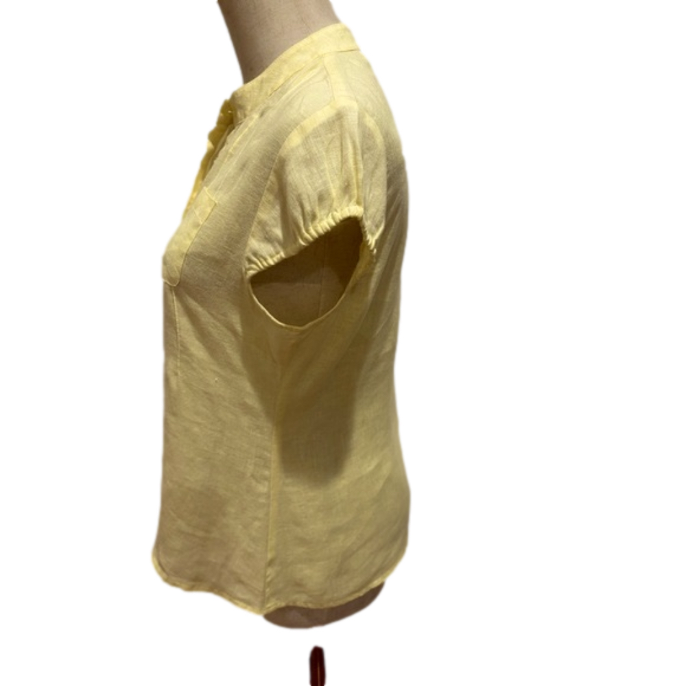90s ALEXANDRA BARTLETT LINEN PASTEL YELLOW BOHO PUFFED SHORT SLEEVED BLOUSE SZ M - Picture 3 of 9